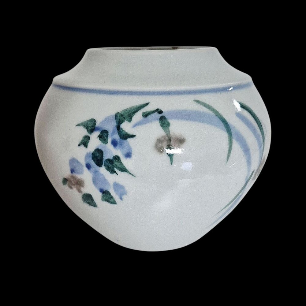 Studio Art Pottery Vase Blue Green Floral Signed Glossy Finish Vintage - Picture 6 of 10